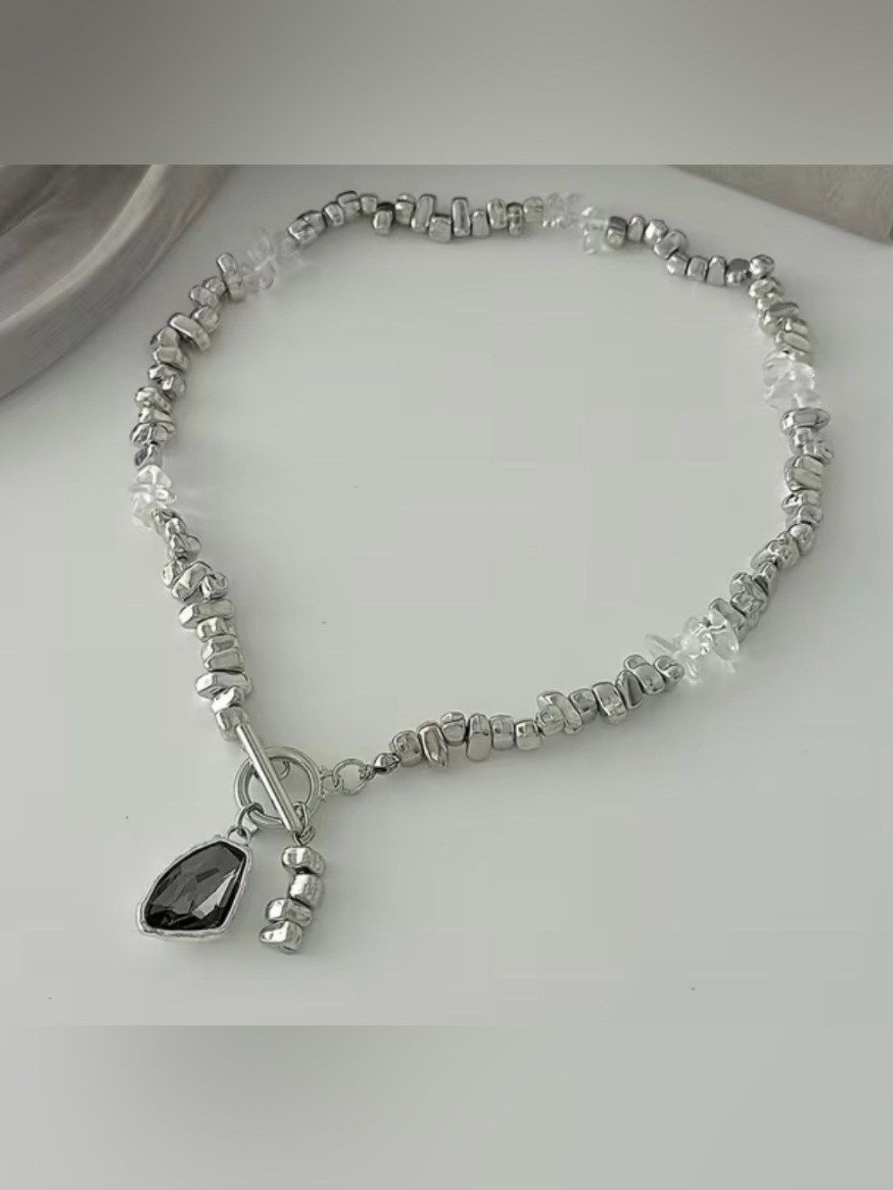 Silver Beaded Toggle Necklace with Black Gem Pendant - Picture 3 of 7
